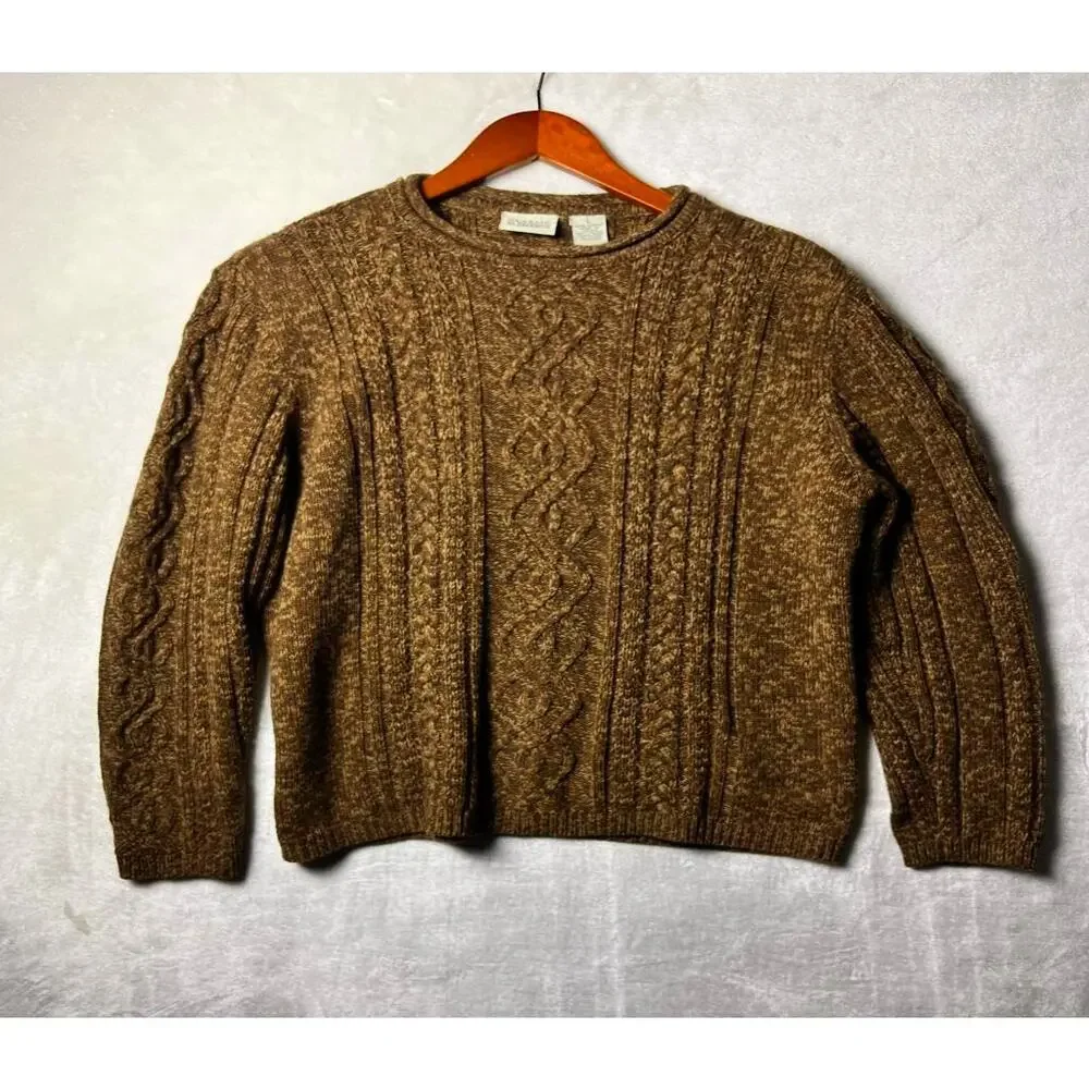 Vintage Rollneck Fisherman Sweater Size L Chunky Copper Brown Cable Knit Japan